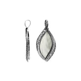 Sterling silver marquise pendant with luminous Mother of Pearl inlay and detailed Balinese carving, handcrafted in Bali.